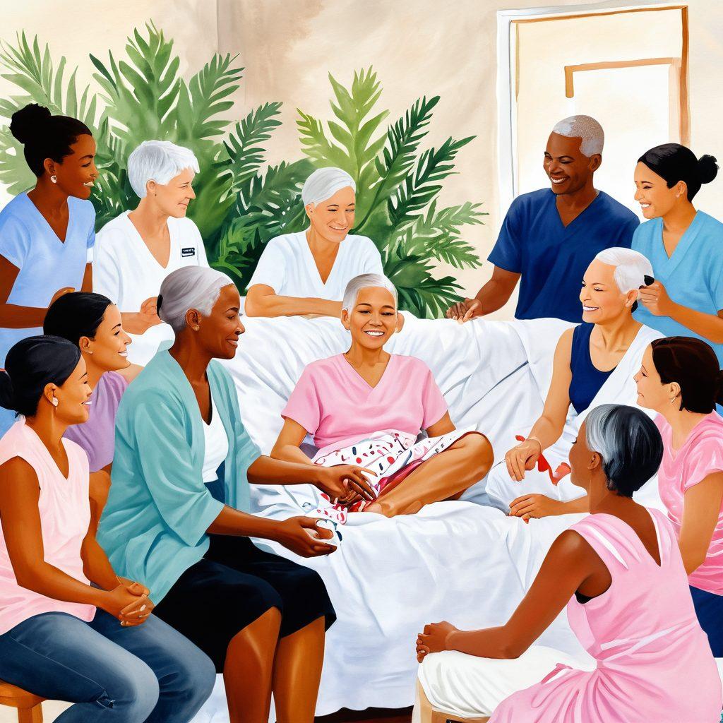A serene scene depicting a supportive community around a cancer patient, featuring gentle embraces and heartfelt conversations, with symbols of advocacy like ribbons and banners in the background. Integrate elements of holistic health, such as plants and wellness tools, creating a warm, uplifting atmosphere. Soft lighting and a harmonious color palette evoke hope and empowerment. painting. vibrant colors. white background.