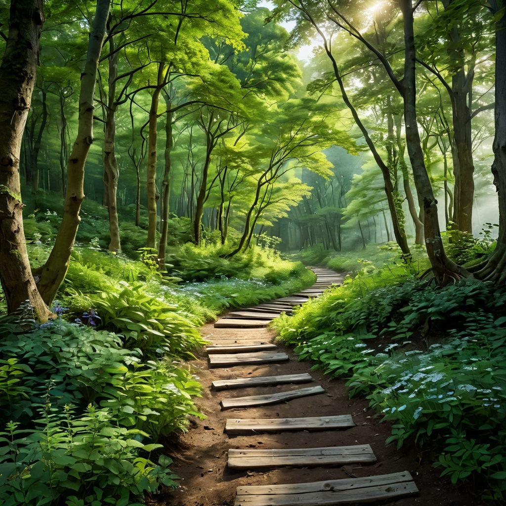 A serene, comforting landscape showing a winding path through a lush green forest symbolizing the journey through treatment. Along the path, visual metaphors of strength and hope such as blooming flowers and soft sunlight filtering through trees. Add diverse individuals supporting each other, representing community and survivorship. super-realistic. vibrant colors. natural setting.
