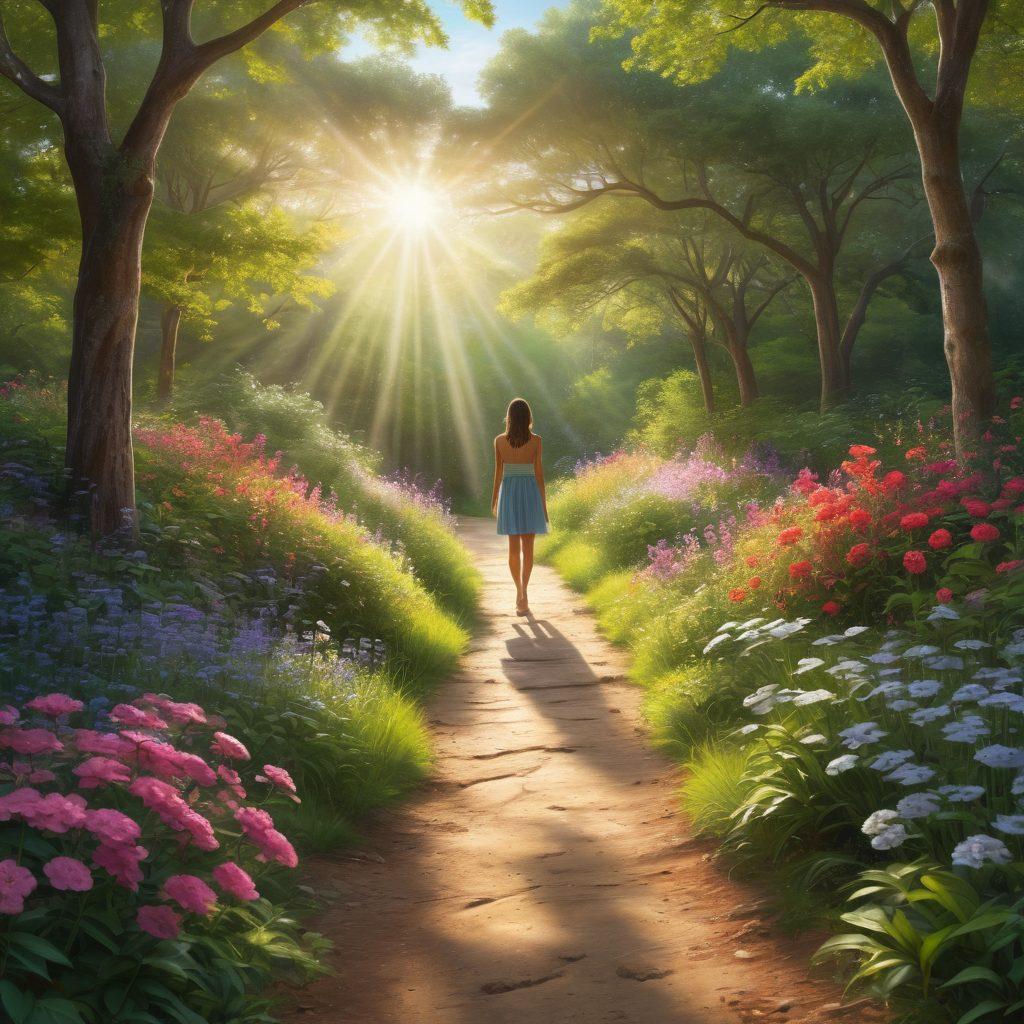 A serene scene depicting a resilient individual standing confidently on a path surrounded by lush greenery, symbolizing hope and the journey from diagnosis to survivorship. In the background, soft rays of sunlight break through the trees, illuminating colorful flowers representing strength and healing. The path leads towards a peaceful landscape that hints at a brighter future. super-realistic. vibrant colors. uplifting atmosphere.